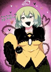 Rule 34 | 1girl, arm behind back, black capelet, black eyes, black tongue, blush, borrowed design, breasts, capelet, commentary request, cowboy shot, eyeball, floral print, frilled capelet, frilled sleeves, frills, green eyes, green hair, green skirt, heart, heart of string, heterochromia, komeiji koishi, korean text, long sleeves, looking at viewer, medium breasts, medium hair, open mouth, purple background, rinyamame, sharp teeth, shirt, skirt, sleeves past fingers, sleeves past wrists, smile, solo, teeth, third eye, thorns, tongue, tongue out, touhou, translation request, wide sleeves, yellow shirt