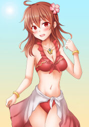 Rule 34 | 1girl, ahoge, anti (untea9), arashi (kancolle), bikini, blush, bracelet, breasts, collarbone, frilled bikini, frills, gradient background, highres, jewelry, kantai collection, long hair, looking at viewer, medium breasts, messy hair, navel, necklace, open mouth, red bikini, red hair, red sarong, sarong, smile, solo, swimsuit, yellow background