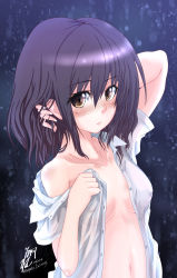Rule 34 | 1girl, absurdres, adjusting hair, artist name, blush, breasts, brown eyes, brown hair, cleavage, collarbone, dated, dress shirt, hayate-s, highres, long hair, looking at viewer, naked shirt, no bra, off shoulder, open clothes, open shirt, original, rain, shirt, signature, small breasts, solo, twitter username, upper body, wet, wet clothes, wet hair, wet shirt, white shirt