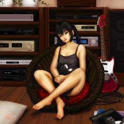 Rule 34 | 1girl, barefoot, black hair, bottomless, brown eyes, cat, ebi (eeotoko), feet, flower pot, guitar, highres, instrument, k-on!, long hair, nakano azusa, pillow, realistic, record, signature, sitting, solo, sound system, twintails
