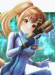 Rule 34 | 1girl, absurdres, alternate hairstyle, animal ears, blue bodysuit, blush, bodysuit, bone hair ornament, breasts, brown eyes, brown hair, cartoon bone, closed mouth, commentary request, cosplay, covered navel, dog ears, dog girl, dog tail, gun, hair ornament, high ponytail, highres, holding, holding gun, holding weapon, hololive, inugami korone, long hair, looking at viewer, medium breasts, metroid, nintendo, ponytail, resolution mismatch, samus aran, samus aran (cosplay), solo, source smaller, tail, v-shaped eyebrows, very long hair, virtual youtuber, wajuniorbox, weapon, zero suit