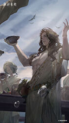 Rule 34 | 1boy, 1girl, 210 (reverse:1999), :d, absurdres, ancient greek clothes, armlet, arms up, bird, blindfold, blue eyes, blue sky, bowl, brown hair, cloud, cloudy sky, copyright name, copyright notice, cowboy shot, cup, feast, food-themed hair ornament, grape hair ornament, greco-roman clothes, grey hair, hair ornament, hands up, highres, holding, holding bowl, logo, long hair, looking to the side, muscular, muscular male, official art, official wallpaper, open mouth, outdoors, pectorals, people, reverse:1999, single off shoulder, sky, smile, sunlight, table, toga, two-handed, urn, water drop, white blindfold