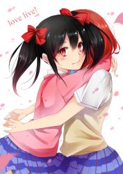 Rule 34 | 10s, 2girls, akit (15jamjam), bad id, bad pixiv id, black hair, blush, bow, copyright name, from side, hair between eyes, hair bow, highres, hug, long sleeves, looking at viewer, looking to the side, love live!, love live! school idol project, multiple girls, nishikino maki, plaid, plaid skirt, red eyes, red hair, short hair, skirt, smile, sweater, sweater vest, twintails, yazawa nico, yuri