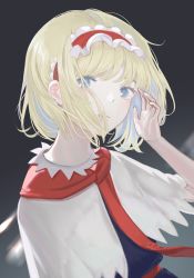 Rule 34 | 1girl, :|, adjusting hair, alice margatroid, blonde hair, blue dress, blue hair, blunt bangs, capelet, closed mouth, commentary, dress, eyebrows hidden by hair, frilled hairband, frills, grey background, hairband, hand up, highres, looking at viewer, red hairband, red scarf, scarf, short hair, simple background, sly930105, solo, touhou, upper body, white capelet