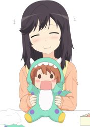 Rule 34 | +++, 1girl, black hair, brown hair, character doll, closed eyes, closed mouth, commentary request, doll, fang, gobanme no mayoi neko, highres, holding, holding doll, ichijou hotaru, koshigaya komari, light blush, long hair, long sleeves, non non biyori, open mouth, simple background, smile, solid oval eyes, upper body, white background