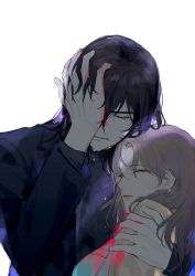 Rule 34 | 1boy, 1girl, absurdres, black jacket, blood, blood on clothes, closed eyes, closed mouth, coat, crying, highres, jacket, laoyepo, long hair, long sleeves, marius von hagen (tears of themis), rosa (tears of themis), simple background, tears of themis, white background, yellow coat