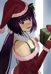 Rule 34 | 1girl, bat ornament, beppu mitsunaka, blush, bow, box, breasts, fate/grand order, fate (series), gift, gift box, green bow, green tank top, hair bow, hair ornament, hat, highres, holding, holding gift, long hair, looking at viewer, looking back, off-shoulder sweater, off shoulder, open mouth, osakabehime (fate), pom pom (clothes), pom pom hair ornament, purple eyes, red bow, santa hat, sweater, tank top, tearing up, two-tone background, very long hair, white background