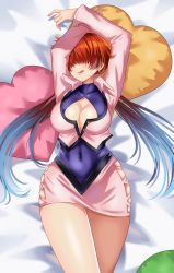 Rule 34 | 1girl, absurdres, arms up, artist name, bed sheet, blush, breasts, buttons, cleavage, commentary, covered collarbone, covered navel, cropped jacket, earrings, hair between eyes, heart, heart-shaped pillow, highres, jacket, jewelry, leotard, leotard under clothes, lips, long hair, long sleeves, low twintails, lying, maroonabyss, medium breasts, miniskirt, on back, pillow, pink jacket, pink skirt, purple leotard, red hair, shermie (kof), signature, simple background, skirt, smile, solo, the king of fighters, the king of fighters &#039;97, thighs, tongue, tongue out, turtleneck, twintails