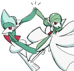 1boy 1girl arms_up blue_hair bob_cut colored_skin creatures_(company) dancing flat_chest full_body gallade game_freak gardevoir gen_3_pokemon gen_4_pokemon green_hair green_skin hair_between_eyes happy holding_hands leg_up looking_at_viewer mohawk monya multicolored_hair multicolored_skin nintendo notice_lines open_mouth outstretched_arms pokemon pokemon_(creature) red_eyes short_hair simple_background sketch smile standing standing_on_one_leg two-tone_hair two-tone_skin white_background white_skin