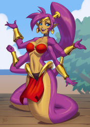 Rule 34 | 1girl, alanscampos, blue eyes, bra, bracer, breasts, cleavage, colored skin, earrings, fangs, highres, hoop earrings, jewelry, lamia, loincloth, long hair, monster girl, multiple arms, pointy ears, ponytail, purple hair, purple skin, shantae, shantae (series), snake tail, tail, transformation, underwear