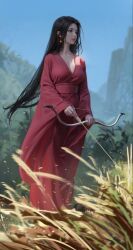 Rule 34 | 1girl, arrow (projectile), black hair, blue sky, bow (weapon), breasts, chinese clothes, cleavage, collarbone, dress, earrings, glowing, glowing earrings, grass, highres, jewelry, large breasts, long hair, original, parted lips, pink dress, realistic, sky, solo, weapon, wide sleeves, ydiya