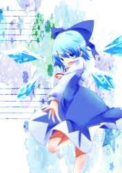 Rule 34 | 1girl, adapted costume, blue bow, blue dress, blue eyes, blue hair, bow, cirno, detached wings, dress, fang, foot out of frame, hair between eyes, hair bow, highres, ice, ice wings, kaaee, leg up, long sleeves, looking at viewer, medium hair, neck ribbon, open mouth, pinafore dress, puffy long sleeves, puffy sleeves, red ribbon, ribbon, simple background, sleeveless, sleeveless dress, solo, star (symbol), touhou, wings