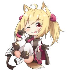 Rule 34 | 1girl, :p, ahoge, animal ears, arknights, black vest, blonde hair, boots, bow, cape, chibi, cross-laced footwear, double v, fox ears, fox tail, full body, hair bow, klaius, looking at viewer, necktie, one eye closed, pigeon-toed, pink bow, red cape, red eyes, red necktie, shirt, simple background, solo, sora (arknights), tail, thighhighs, tongue, tongue out, twintails, two-sided cape, two-sided fabric, v, vest, white background, white footwear, white shirt, white thighhighs