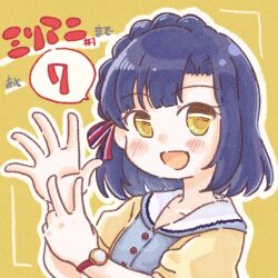 Rule 34 | 1girl, 77haniwa, blue hair, blue shirt, blush, braid, buttons, cardigan, commentary, finger counting, hair ribbon, hands up, idolmaster, idolmaster million live!, looking at viewer, medium hair, nanao yuriko, open mouth, red ribbon, ribbon, sailor collar, shirt, smile, solo, spoken number, v, watch, white sailor collar, wristwatch, yellow background, yellow cardigan, yellow eyes