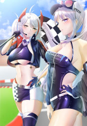 Rule 34 | 2girls, absurdres, antenna hair, ass, azur lane, bare shoulders, belt, black dress, black gloves, black jacket, black shirt, black skirt, black thighhighs, blue sky, blurry, blurry background, blush, breasts, checkered flag, cleavage, closed mouth, clothes writing, cloud, collarbone, collared shirt, commentary, cowboy shot, cropped shirt, cross, curvy, day, dress, earpiece, enterprise (azur lane), enterprise (wind catcher) (azur lane), eyebrows hidden by hair, eyewear on headwear, fingerless gloves, flag, gloves, hair between eyes, hair through headwear, half gloves, halter dress, halterneck, hand on own hip, hat, headgear, highleg, highleg swimsuit, highres, holding, holding flag, iron cross, jacket, konparu uran, large breasts, long hair, long sleeves, looking at viewer, microskirt, midriff, multicolored hair, multiple girls, navel, off shoulder, official alternate costume, open clothes, open jacket, outdoors, partially fingerless gloves, ponytail, prinz eugen (azur lane), prinz eugen (final lap) (azur lane), purple eyes, race queen, racetrack, red hair, shiny clothes, shiny skin, shirt, short sleeves, sidelocks, single fingerless glove, skindentation, skirt, sky, sleeveless, sleeveless dress, sleeveless shirt, smile, standing, streaked hair, sunglasses, swept bangs, swimsuit, thighhighs, thighs, two-tone skirt, two side up, typo, underboob, underbust, very long hair, white belt, white hair, white headwear, white skirt, yellow eyes, zipper
