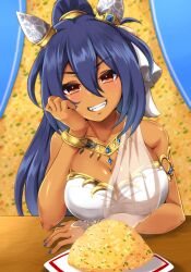 Rule 34 | 1girl, animal ears, armlet, arms on table, bare shoulders, black hair, blue nails, blush, bracelet, breasts, cleavage, commentary request, dark-skinned female, dark skin, dress, ear covers, ear ornament, food, fried rice, gold bracelet, gold necklace, grin, hair between eyes, head rest, highres, hishi amazon (hungry veil) (umamusume), hishi amazon (umamusume), horse ears, jewelry, large breasts, long hair, looking at viewer, musan (mu34mi), nail polish, necklace, official alternate costume, plate, ponytail, red eyes, sleeveless, sleeveless dress, smile, solo, table, teeth, umamusume, upper body, veil, white dress