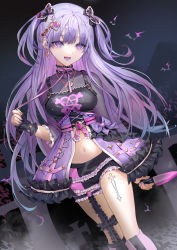 Rule 34 | 1girl, :d, black bow, black shorts, blue hair, boots, bow, breasts, dress, dutch angle, ear piercing, earrings, frilled dress, frilled shorts, frills, goth fashion, gradient hair, hair bow, hair ornament, highres, holding, holding knife, jewelry, knee boots, knife, lightning bolt symbol, lloule, long hair, medium breasts, multicolored hair, nail polish, night, open mouth, original, outdoors, piercing, pink footwear, purple dress, purple eyes, purple hair, purple nails, short shorts, shorts, smile, solo, standing, thigh strap, tongue piercing, two side up, very long hair