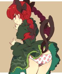 Rule 34 | 10bit, 1girl, aano (10bit), animal ears, ass, bad id, bad pixiv id, bow, braid, cat ears, cat girl, cat tail, clothes lift, dress, dress lift, extra ears, female focus, food print, from behind, green dress, hair bow, kaenbyou rin, multiple tails, naughty face, nekomata, panties, print panties, red eyes, red hair, smile, solo, strawberry panties, strawberry print, tail, touhou, twin braids, twintails, underwear