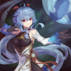Rule 34 | 1girl, ahoge, armpits, bare shoulders, bell, black gloves, blue hair, breasts, chinese knot, detached sleeves, flower knot, ganyu (genshin impact), genshin impact, gloves, gold trim, highres, horns, long hair, looking at another, looking to the side, low ponytail, medium breasts, neck bell, orb, purple eyes, ramp off (m384ath871), red rope, rope, sidelocks, solo, tassel, upper body, very long hair, vision (genshin impact), white sleeves