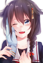 Rule 34 | 10s, 1girl, blue eyes, blush, braid, crossover, crying, crying with eyes open, gloves, hair flaps, hair ornament, hair over shoulder, hand on another&#039;s face, highres, honebami toushirou, jewelry, kantai collection, nogamibami, one eye closed, pov, pov hands, remodel (kantai collection), ring, shigure (kancolle), side ponytail, single braid, solo focus, tears, touken ranbu, wedding band