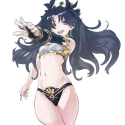 Rule 34 | 1girl, :d, bare shoulders, black hair, black ribbon, breasts, crown, earrings, elbow gloves, fate/grand order, fate (series), gloves, hair ribbon, highres, ishtar (fate), ishtar (fate), jewelry, looking at viewer, mao san, navel, open mouth, outstretched arm, red eyes, ribbon, simple background, smile, solo, teeth, two side up, white background