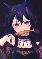 Rule 34 | 1girl, absurdres, achiki, animal ears, black background, black dress, black hair, brooch, cat ears, cat girl, choker, dress, earrings, fish, hand up, highres, jewelry, long hair, looking at viewer, mouth hold, original, purple eyes, purple theme, relic (artbook), see-through, slit pupils, solo, upper body