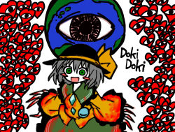 Rule 34 | 1girl, black hat, blouse, blush stickers, buttons, collared shirt, colored skin, commentary request, diamond button, earth (planet), frilled shirt collar, frilled skirt, frilled sleeves, frills, green eyes, green skirt, grey hair, hat, hat ribbon, heripantomorrow, koishi komeiji&#039;s heart-throbbing adventure, komeiji koishi, long sleeves, open mouth, planet, ribbon, shirt, simple background, skirt, smile, solo, touhou, wavy hair, white background, white skin, wide sleeves, yellow ribbon, yellow shirt