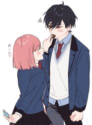 Rule 34 | 1boy, 1girl, arms at sides, black hair, black pants, black skirt, blazer, blue jacket, blue shirt, blush, blush stickers, bow, bowtie, chocolate, collared shirt, couple, cowboy shot, facing another, feeding, food, food wrapper, from side, habataki academy school uniform, hair over one eye, heart, height difference, hetero, highres, holding, holding behind back, holding food, jacket, kazama ryouta, long sleeves, looking at another, miniskirt, necktie, nyuugakuman, open mouth, pants, pink hair, pleated skirt, protagonist (tokimemo gs4), red bow, red bowtie, red eyes, red necktie, school uniform, shirt, short hair, simple background, skirt, sweater, swept bangs, tokimeki memorial, tokimeki memorial girl&#039;s side 4th heart, untucked shirt, white background, white shirt