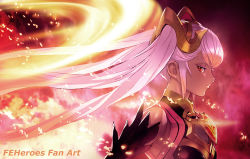 Rule 34 | 1girl, armor, armpit peek, breasts, center opening, cleavage, cleavage cutout, clothing cutout, copyright name, detached sleeves, feather trim, fire, fire emblem, fire emblem heroes, hair ornament, horn ornament, horns, laevateinn (fire emblem), long hair, looking at viewer, maeshima shigeki, medium breasts, nintendo, pink hair, profile, red eyes, solo, twintails, upper body