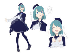 Rule 34 | 1girl, anger vein, beret, blue eyes, blue hair, blush stickers, cape, expressions, frilled skirt, frills, hat, highres, loafers, multiple views, neck ribbon, original, ribbon, shoes, short hair, simple background, sketch, skirt, smile, sweatdrop, sy-l-via, thighhighs, white background