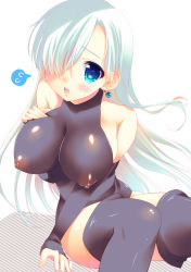 Rule 34 | 10s, 1girl, amanagi seiji, bad id, bad pixiv id, bare shoulders, black thighhighs, blue eyes, blush, breasts, covered erect nipples, detached sleeves, earrings, elizabeth liones, hair over one eye, impossible clothes, jewelry, large breasts, leotard, long hair, nanatsu no taizai, open mouth, sitting, solo, spoken sweat, tears, thighhighs, white hair