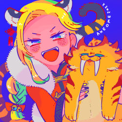 Rule 34 | 1girl, akeome, alchemist (sekaiju), alchemist 4 (sekaiju), animal, animal ears, blonde hair, blue background, blue eyes, blush stickers, braid, chinese zodiac, ear piercing, etrian odyssey, extra ears, fangs, happy new year, holding, holding animal, long hair, motimamire, multicolored nails, new year, open mouth, piercing, sabertooth cat, tail, teeth, tiger ears, tiger girl, tiger tail, upper teeth only, year of the tiger
