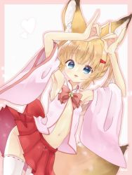 Rule 34 | 1girl, animal ear fluff, animal ears, armpits, arms up, blonde hair, blue eyes, commentary request, detached sleeves, flat chest, fox ears, fox shadow puppet, fox tail, hair ornament, hairclip, highres, japanese clothes, kemomimi oukoku kokuei housou, long hair, mikoko (kemomimi oukoku kokuei housou), miniskirt, navel, open clothes, open shirt, pink shirt, red skirt, shadow puppet, shirt, skirt, smile, solo, tail, thighhighs, twintails, virtual youtuber, wind, wind lift