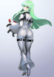 Rule 34 | 1girl, arched back, ass, bodysuit, box, breasts, c.c., code geass, from behind, full body, gradient background, green hair, grey background, high heels, highres, holding, holding box, johan (johan13), long sleeves, looking at viewer, looking back, medium breasts, pantylines, parted lips, pizza box, pizza hut, sidelocks, smile, solo, straight hair, white bodysuit, white footwear, wide sleeves, yellow eyes