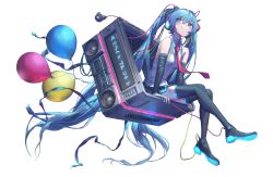 Rule 34 | 1girl, absurdly long hair, aqua eyes, aqua hair, arm support, balloon, bare shoulders, black skirt, black thighhighs, blush, boots, cable, commentary, detached sleeves, dial, floating, floating object, gesoking, grey shirt, hair ornament, hatsune miku, headphones, long hair, looking to the side, machine, necktie, neon trim, push-button, red necktie, shirt, sitting, skirt, sleeveless, sleeveless shirt, smile, solo, speaker, square, streamers, thigh boots, thighhighs, twintails, very long hair, vocaloid, white background, zettai ryouiki