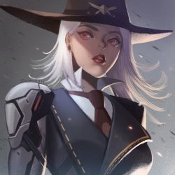 Rule 34 | 1girl, ashe (overwatch), cowboy hat, hat, highres, lipstick, looking down, makeup, medium hair, mole, necktie, overwatch, overwatch 1, prosthesis, prosthetic arm, red eyes, red lips, red necktie, solo, white hair, zoner