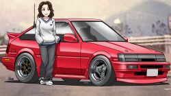Rule 34 | 1girl, animification, black pants, breasts, brown eyes, collarbone, highres, medium breasts, noerartworks, pants, parted lips, photo-referenced, photo background, radio antenna, real life, red car, shoes, sleeves past fingers, sleeves past wrists, smile, sneakers, solo, sweater, sweatpants, toyota, toyota sprinter trueno, vehicle focus, white footwear, white sweater