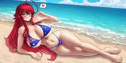 1girl absurdres ahoge australian_flag australian_flag_print barefoot beach bikini blue_bikini blue_sky blush breasts cleavage closed_mouth day dayby flag_print full_body hand_up heart high_school_dxd highres large_breasts lying navel ocean on_side outdoors print_bikini rias_gremory sand sky smile solo spoken_heart stomach swimsuit water