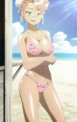 Rule 34 | bikini, breasts, cleavage, crossed arms, glasses, highres, highschool of the dead, large breasts, pink hair, screencap, stitched, sunlight, swimsuit, takagi saya, third-party edit