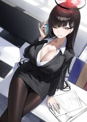 Rule 34 | 1girl, absurdres, black hair, black jacket, black skirt, blue archive, blush, breasts, cellphone, cleavage, collarbone, crossed arms, grin, hair ornament, hairclip, halo, highres, holding, holding phone, hug, indoors, jacket, large breasts, long hair, long sleeves, looking at viewer, mechanical halo, open clothes, open shirt, pantyhose, papers, pencil skirt, phone, red eyes, red halo, red pupils, rio (blue archive), sbgu, shirt, sitting, skirt, smartphone, smile, solo, white shirt