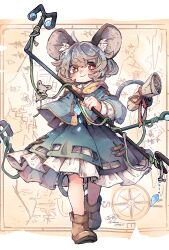 Rule 34 | 1girl, animal ear fluff, animal ears, ankle boots, boots, bright pupils, brown footwear, capelet, closed mouth, compass rose, crystal, dowsing rod, dress, full body, grey capelet, grey dress, grey hair, highres, holding, holding with tail, long sleeves, looking at viewer, mame komari, map background, medium hair, mouse, mouse ears, mouse tail, nazrin, prehensile tail, red eyes, redrawn, scroll, signature, smile, solo, standing, tail, touhou, twitter username, white pupils