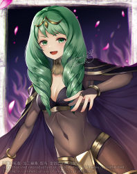 Rule 34 | 1girl, arms up, bodystocking, breasts, cape, cosplay, covered navel, dark mage (fire emblem awakening), fire emblem, fire emblem: three houses, fire emblem awakening, flayn (fire emblem), green eyes, green hair, looking at viewer, nintendo, open mouth, shimako (smk023), small breasts, tharja (fire emblem), tharja (fire emblem) (cosplay), upper body