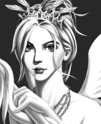 Rule 34 | 1girl, bare shoulders, closed mouth, crown, eyelashes, eyeliner, eyeshadow, fingernails, greyscale, grossic, highres, holding, holding staff, jewelry, lips, looking at viewer, makeup, mascara, mercy (overwatch), monochrome, necklace, nose, overwatch, overwatch 1, ponytail, portrait, short hair, solo, spread wings, staff, wings
