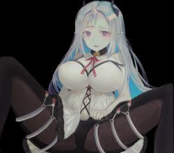 Rule 34 | 1girl, bad id, bad pixiv id, black legwear, blue hair, breasts, choker, closers, highres, horns, large breasts, levia (closers), long hair, looking at viewer, navel, pointy ears, purple eyes, solo, spread legs, taena, white hair