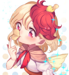 Rule 34 | 1girl, animal, animal on head, bird, bird on head, bird wings, blonde hair, blush, chick, chicken, chips (food), dress, feathered wings, food, highres, looking at viewer, multicolored hair, niwatari kutaka, on head, orange dress, pointing, pointing up, potato chips, pringle duck, red eyes, red hair, satomachi, short hair, sparkle, touhou, two-tone hair, upper body, white background, wings, yellow wings