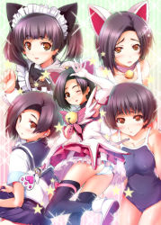 Rule 34 | 1girl, animal ears, bell, neck bell, black hair, blush, brown eyes, cat ears, collar, competition school swimsuit, hairband, kashi, kobayakawa rinko, love plus, magical girl, maid, multiple persona, one-piece swimsuit, school swimsuit, school uniform, short hair, skirt, swimsuit, thighhighs, twintails