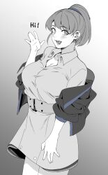 Rule 34 | 1girl, adapted costume, belt, black jacket, breasts, cowboy shot, dress shirt, gradient background, highres, intrepid (kancolle), jacket, kantai collection, large breasts, monochrome, open mouth, ponytail, shingyou (alexander-13), shirt, short hair, skirt, solo, spot color, standing, waving