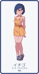 Rule 34 | 1girl, ankle socks, arms behind back, artist name, asymmetrical hair, blue border, blue footwear, blue hair, blunt ends, blush, bob cut, border, breasts, casual, character name, closed mouth, collarbone, commentary, darling in the franxx, dress, embarrassed, english commentary, full body, furrowed brow, green eyes, hair ornament, hair over one eye, hairclip, high tops, highres, holding own arm, ichigo (darling in the franxx), looking at viewer, nervous, nipples, no shirt, one breast out, phinci, pigeon-toed, pinafore dress, pleated dress, pursed lips, shoes, short hair, shy, sideboob, signature, simple background, sleeveless, sleeveless dress, small breasts, sneakers, socks, solo, standing, swept bangs, variant set, white background, white socks, yellow dress