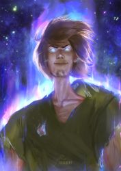 Rule 34 | 1boy, aura, blue eyes, brown hair, cola, commentary, dragon ball, dragon ball super, english commentary, epic, facial hair, floating hair, glowing, glowing eyes, goatee, highres, looking at viewer, male focus, manly, meme, nose, parody, powering up, raikoart, scooby-doo, shaggy rogers, shirt, short hair, smile, solo, space, t-shirt, thick eyebrows, torn clothes, ultra instinct