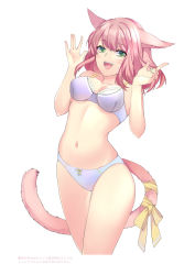 Rule 34 | 1girl, :d, animal ears, bare arms, bow, bra, breasts, cat ears, cat girl, cat tail, cleavage, collarbone, cowboy shot, cropped legs, facial mark, final fantasy, final fantasy xiv, floating hair, green eyes, grey bra, grey panties, highres, lingerie, long hair, looking at viewer, medium breasts, miqo&#039;te, nanase kokono, navel, open mouth, panties, pink hair, simple background, smile, solo, standing, straight hair, tail, tail bow, tail ornament, thigh gap, underwear, underwear only, warrior of light (ff14), white background, yellow bow